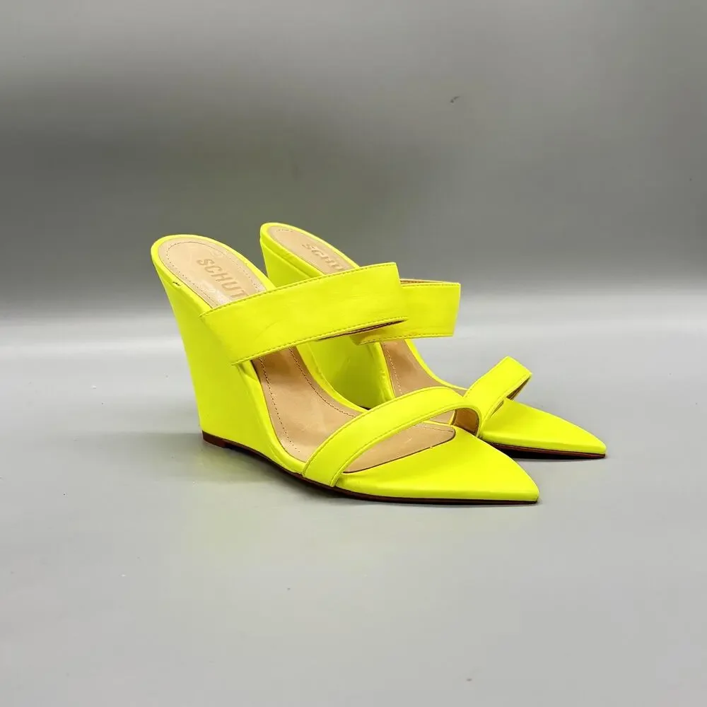 Schutz Shoes Womens 7 Yellow Leather Mule High Wedge Heels Pointed Toe Neon